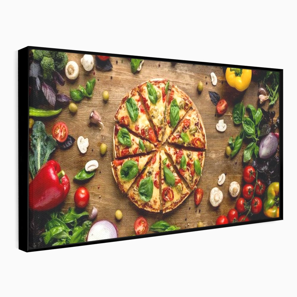Tablou canvas cu tablou canvas cu pizza si legume, in rama de aluminiu negru